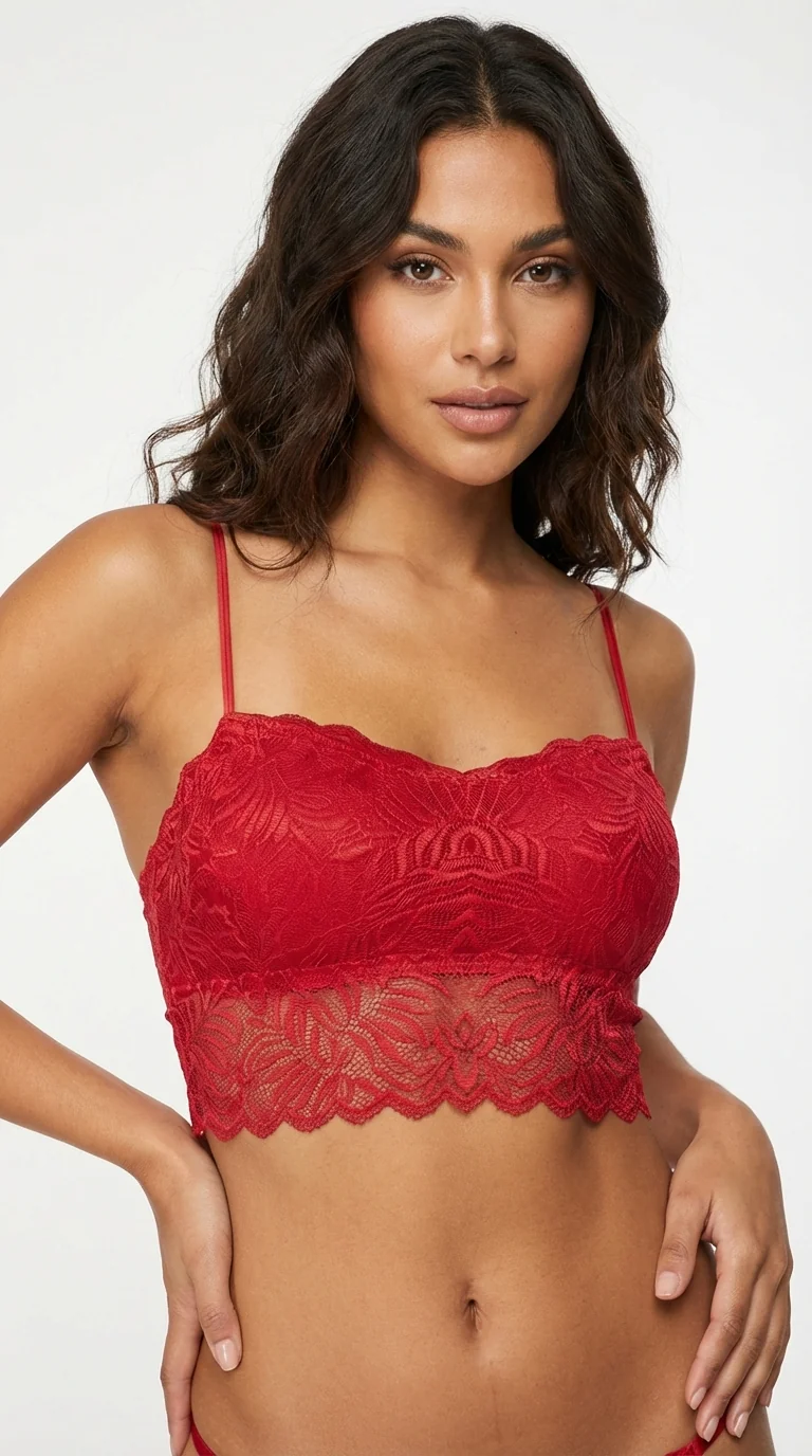 LunaIntim Kırmızı Dantelli Longline Bralet Ceket İçi Crop Büstiyer ve Boş Kap Sütyen - Ön Görünüm